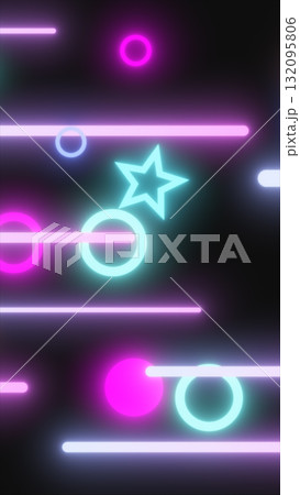 Neon shapes and lines in pink, blue, and purple tones on a dark background, creating a retro-futuristic style Neon shapes and lines in pink, blue, and purple tones on a dark background, creating a retro-futuristic style 132095806