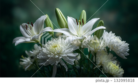 上品なフラワーアレンジメント - 追悼、癒やし、メモリアル素材(グリーン系) 上品なフラワーアレンジメント - 追悼、癒やし、メモリアル素材(グリーン系) 132095818