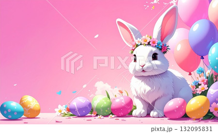 花冠を被ったうさぎとイースターエッグと風船 ピンク色の背景 AI生成素材 花冠を被ったうさぎとイースターエッグと風船 ピンク色の背景 AI生成素材 132095831