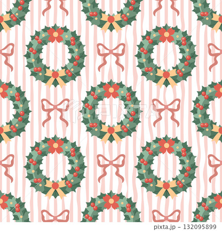 Seamless pattern with festive winter Christmas Wreath and bows on striped background. Retro festive background. Seamless pattern with festive winter Christmas Wreath and bows on striped background. Retro festive background. 132095899