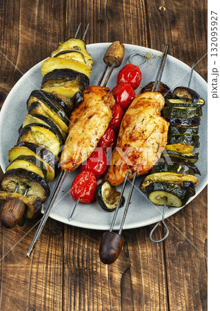 BBQ chicken and roasted vegetables. BBQ chicken and roasted vegetables. 132095927