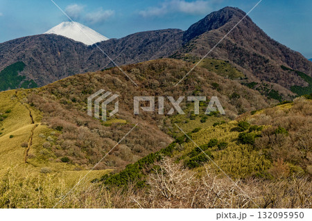 箱根・矢倉沢峠付近から見る金時山と富士山 箱根・矢倉沢峠付近から見る金時山と富士山 132095950