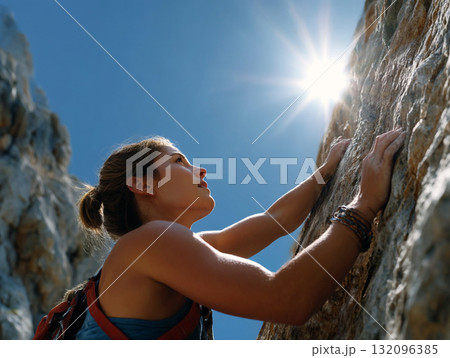 Active Woman Rock Climbing Outdoors with Safety Gear on a Sunny Day 132096385