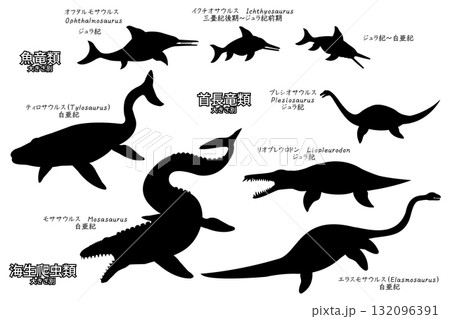 モササウルスなど太古の海生爬虫類や魚竜類 シルエットセット モササウルスなど太古の海生爬虫類や魚竜類 シルエットセット 132096391