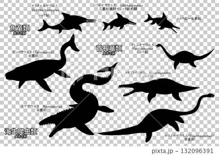 モササウルスなど太古の海生爬虫類や魚竜類 シルエットセット モササウルスなど太古の海生爬虫類や魚竜類 シルエットセット 132096391