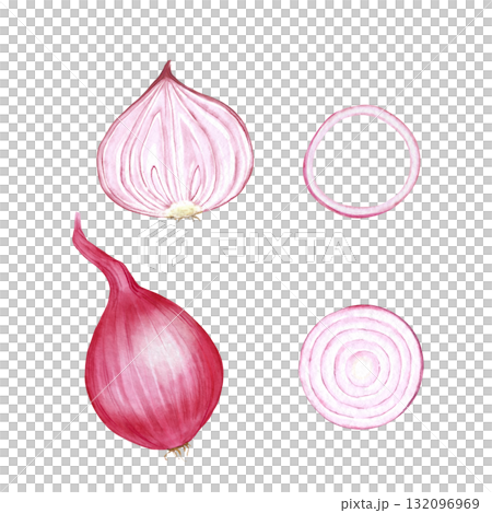 Hand-drawn is Illustration of red onion bulb, half slice, and onion rings, isolated on white background. Design for cooking blog decor, restaurant menu, fresh vegetable packaging, or recipe card 132096969