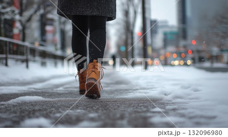 雪が積もった歩道を歩く足下 雪が積もった歩道を歩く足下 132096980