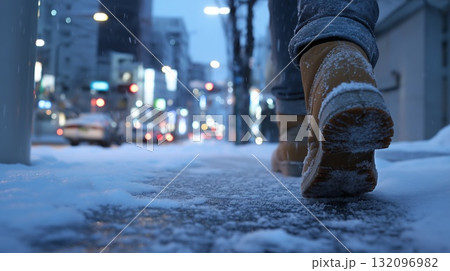 雪が積もった歩道を歩く足下 雪が積もった歩道を歩く足下 132096982