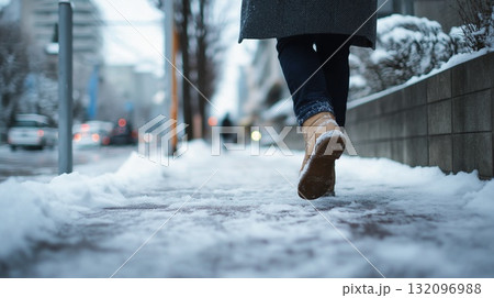 雪が積もった歩道を歩く足下 雪が積もった歩道を歩く足下 132096988