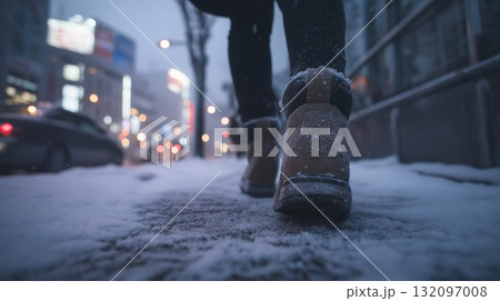 雪が積もった歩道を歩く足下 雪が積もった歩道を歩く足下 132097008