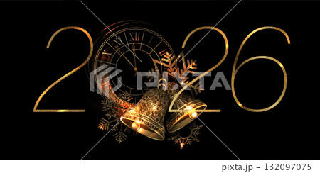 Merry Christmas. The number 2026 with a round gold clock. The clock is isolated from the numbers 132097075