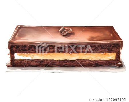オペラケーキの水彩イラスト|フランス伝統の高級チョコレート ケーキ オペラケーキの水彩イラスト|フランス伝統の高級チョコレート ケーキ 132097105