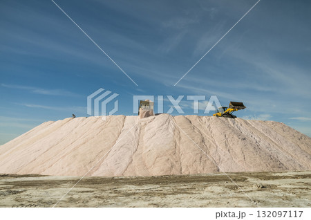 Trucks unloading raw salt bulk, Salinas Grandes de Hidalgo, La Pampa, Argentina. Trucks unloading raw salt bulk, Salinas Grandes de Hidalgo, La Pampa, Argentina. 132097117