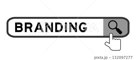 Search banner in word branding with hand over magnifier icon on white background Search banner in word branding with hand over magnifier icon on white background 132097277