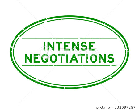 Grunge green intense negotiations word oval rubber seal stamp on white background 132097287