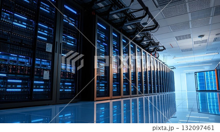 Computer network server room with server racks and modern interior design. 132097461