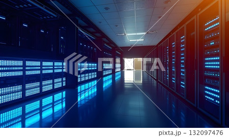 Computer network server room with server racks and modern interior design. 132097476