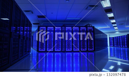 Computer network server room with server racks and modern interior design. Computer network server room with server racks and modern interior design. 132097478