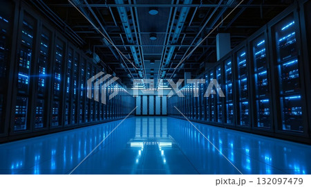Computer network server room with server racks and modern interior design. 132097479