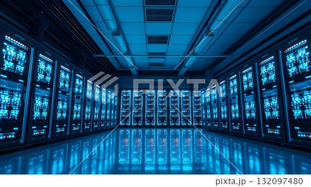 Computer network server room with server racks and modern interior design. Computer network server room with server racks and modern interior design. 132097480