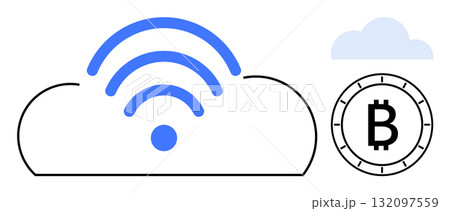 Cloud icon with wireless signal, blue accents, and Bitcoin symbol. Ideal for finance, cryptocurrency, cloud storage, digital finance, technology, wireless communication, internet of things themes 132097559