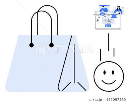 Large shopping bag with handles, smiling face, and digital shopping cart interface. Ideal for e-commerce, online retail, customer satisfaction, digital marketing, consumer behavior, shopping apps 132097560