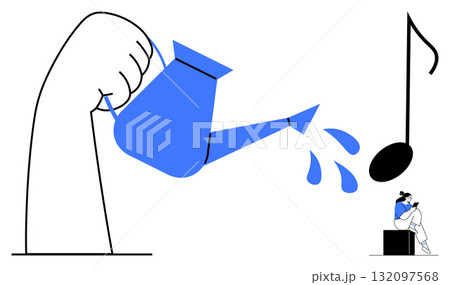 A large hand waters a musical note with a blue watering can, as a person sits reading. Ideal for creativity, art, nurturing talent, music education, personal growth, imagination, metaphorical 132097568