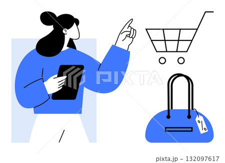Woman with tablet pointing to shopping cart and handbag, highlighting e-commerce, product selection, fashion retail, and digital transactions. Ideal for online shopping, retail marketing, e-commerce Woman with tablet pointing to shopping cart and handbag, highlighting e-commerce, product selection, fashion retail, and digital transactions. Ideal for online shopping, retail marketing, e-commerce 132097617