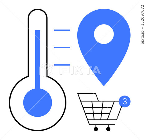Temperature icon, blue location pin, and shopping cart with notification. Ideal for smart retail, e-commerce, delivery tracking, inventory management, shopping apps, and consumer behavior analysis 132097672