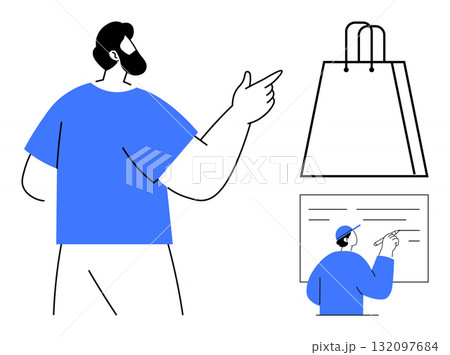 Bearded man in blue shirt pointing at a shopping bag, smaller figure of a man writing on a wall. Ideal for e-commerce, presentation, education, training, retail, teaching marketing. Line metaphor Bearded man in blue shirt pointing at a shopping bag, smaller figure of a man writing on a wall. Ideal for e-commerce, presentation, education, training, retail, teaching marketing. Line metaphor 132097684