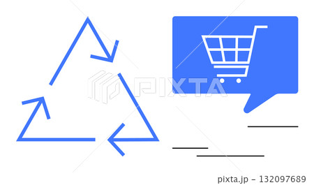 Recycling symbol composed of arrows and blue dialogue bubble containing a shopping cart. Ideal for sustainability, eco-friendly initiatives, online shopping, e-commerce, environmental awareness 132097689