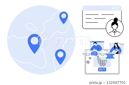 Global map with location pins, webpage interface, shopping cart with buy button, people reviewing products. Ideal for e-commerce, online shopping, global market, digital marketing, customer service Global map with location pins, webpage interface, shopping cart with buy button, people reviewing products. Ideal for e-commerce, online shopping, global market, digital marketing, customer service 132097701