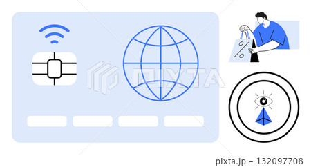 Digital credit card with chip, globe icon, secure wireless symbol. Man holding shopping bags, eye with paper airplane symbolizing secure transaction. Ideal for e-commerce, cybersecurity, finance 132097708