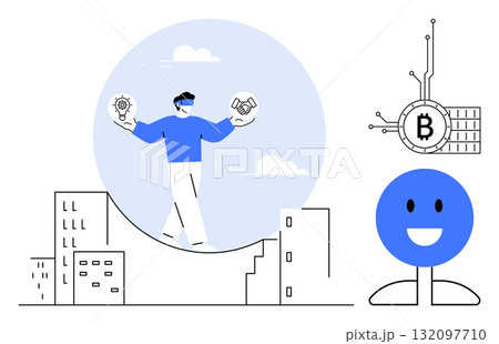 A person balances fintech and cryptocurrency icons over a cityscape. An AI robot with a Bitcoin symbol. Ideal for technology, fintech, cryptocurrency, finance, innovation. Cartoon line art style 132097710