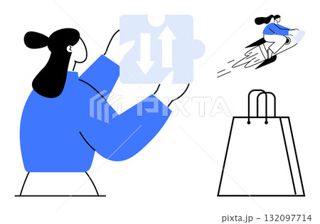 Woman holding a puzzle piece with up-down arrows, person riding a rocket, and a shopping bag. Ideal for teamwork, innovation, problem-solving, speed, e-commerce direction conveyance. Line metaphor Woman holding a puzzle piece with up-down arrows, person riding a rocket, and a shopping bag. Ideal for teamwork, innovation, problem-solving, speed, e-commerce direction conveyance. Line metaphor 132097714