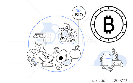 Graphical representation of fresh organic food items like vegetables and fruits alongside icons of Bitcoin, bio label, and grocery items. Ideal for technology, finance, agriculture, sustainability Graphical representation of fresh organic food items like vegetables and fruits alongside icons of Bitcoin, bio label, and grocery items. Ideal for technology, finance, agriculture, sustainability 132097723