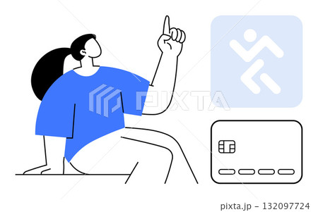 Woman points upward beside a credit card and abstract running figure. Ideal for finance, technology, banking, online payments, e-commerce, fitness, innovation. Line metaphor 132097724