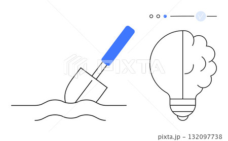 Shovel penetrating soil on left, half lightbulb with brain on right, indicator dots. Ideal for creativity, innovation, gardening, brainstorming, ideas growth concepts. Line metaphor Shovel penetrating soil on left, half lightbulb with brain on right, indicator dots. Ideal for creativity, innovation, gardening, brainstorming, ideas growth concepts. Line metaphor 132097738