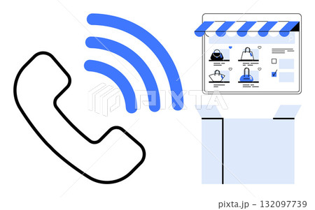 Telephone with signal waves, online shopping website with products, and open delivery box. Ideal for e-commerce, customer service, technology, online retail, digital marketing, logistics 132097739