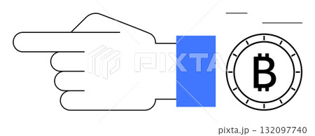 Hand with blue sleeve pointing towards Bitcoin symbol, indicating cryptocurrency direction. Ideal for finance, investment, cryptocurrency, blockchain, digital currency, tech trends, financial 132097740