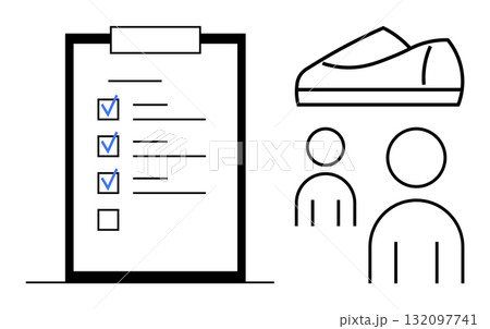 Checklist with marked items, two outline figures, and a pair of shoes. Ideal for project planning, teamwork, task management, product development, design brainstorming, teamwork coordination 132097741