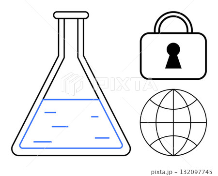 Laboratory flask with liquid, security padlock, and globe outline. Ideal for scientific research, data protection, cybersecurity, global networks, education communication innovation concepts. Line Laboratory flask with liquid, security padlock, and globe outline. Ideal for scientific research, data protection, cybersecurity, global networks, education communication innovation concepts. Line 132097745
