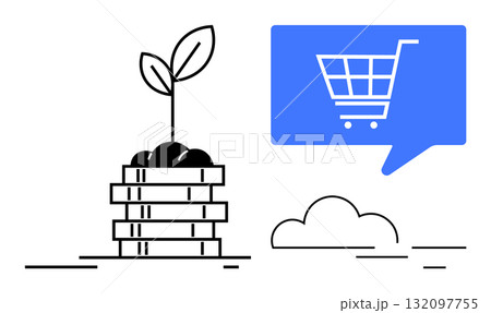 Plant growing from stack of coins beside blue speech bubble with shopping cart icon and single cloud. Ideal for finance, investment, e-commerce, sustainability, growth, online shopping, business 132097755
