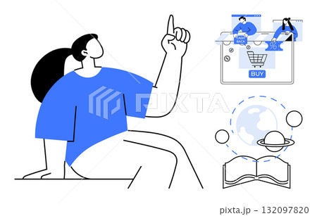 Person points upwards towards laptop screen showing online shopping cart, globe with Saturn and a book. Ideal for e-commerce, online education, digital learning, internet usage, global connectivity Person points upwards towards laptop screen showing online shopping cart, globe with Saturn and a book. Ideal for e-commerce, online education, digital learning, internet usage, global connectivity 132097820