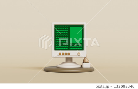 Retro Computer CRT Monitor with Green Screen. 3D Rendering. 132098346