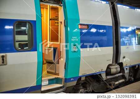 Bullet train at the platform of Busan station, modern high speed railway station in Busan, South Korea 132098391