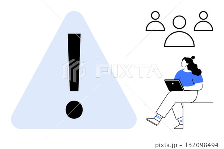 Large exclamation mark inside triangle, woman sitting with laptop, group of three outlined avatars. Ideal for teamwork, alerts, project management, communication, remote work, collaboration, warning Large exclamation mark inside triangle, woman sitting with laptop, group of three outlined avatars. Ideal for teamwork, alerts, project management, communication, remote work, collaboration, warning 132098494