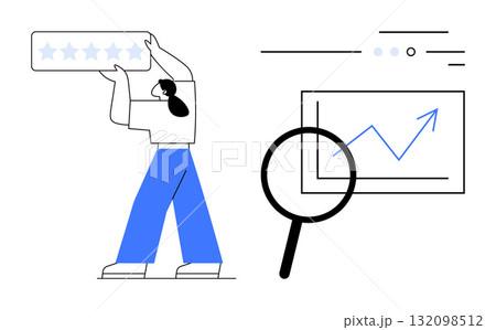 Woman holding star rating placard, magnifying glass examining upward trend on chart. Ideal for customer reviews, feedback analysis, business growth, performance metrics, data analysis, quality Woman holding star rating placard, magnifying glass examining upward trend on chart. Ideal for customer reviews, feedback analysis, business growth, performance metrics, data analysis, quality 132098512