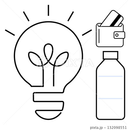 Lightbulb with sprouting plants, wallet holding card, and reusable bottle. Ideal for eco-friendly initiatives, sustainable living, green energy, financial management, minimalism, environmental Lightbulb with sprouting plants, wallet holding card, and reusable bottle. Ideal for eco-friendly initiatives, sustainable living, green energy, financial management, minimalism, environmental 132098551