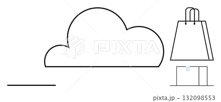 Cloud icon surrounded by two shopping bags and a horizontal line. Ideal for e-commerce, cloud services, online security, digital shopping, virtual stores, internet connectivity, mobile purchases 132098553